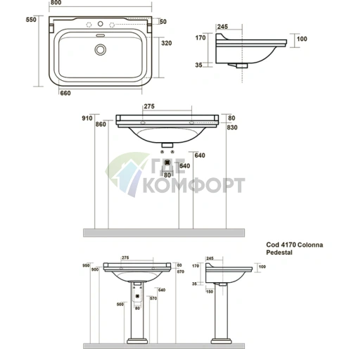 Керамическая раковина Kerasan Waldorf 80х55 см белая с 3 отверстиями под смеситель и хромированными заглушками (4141K1bi/cr*3) - фото 5