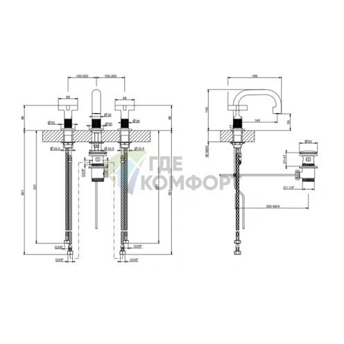 Смеситель GESSI INCOSO для раковины на 3 отверстия, донный клапан, цвет Nero XL (58111#299) - фото 2