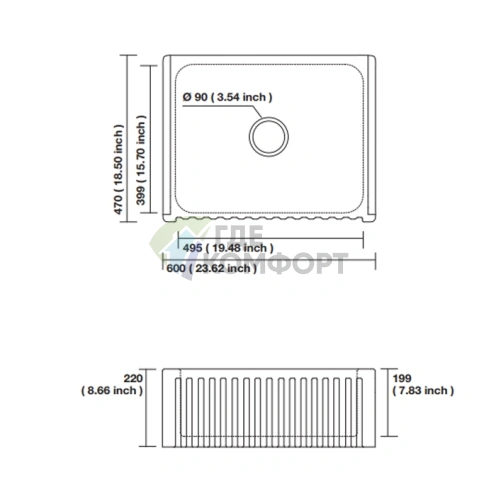 Раковина Kerasan Hannah Hampshire кухонная 800x470x220 мм без отв под смеситель цвет белый - фото 2