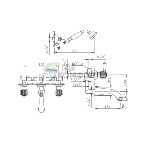 Смеситель для ванны Nicolazzi Onice встроенный с двумя ручками и душевым комплектом в золотом цвете (2103GO09O) фото 2