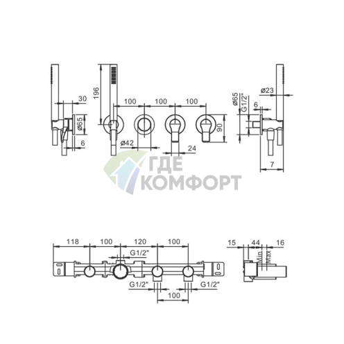 Встраиваемый смеситель для ванны Fantini AL/23 на 2 источника без излива, хром (26 02 B717B) - фото 2
