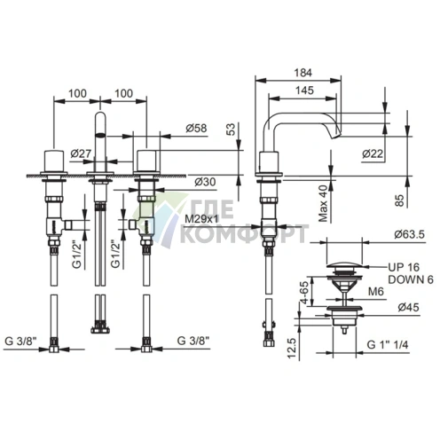 Смеситель для раковины Fantini Lame с нажимным донным клапаном, 3 отверстия, хром (24 02 M304) - фото 2