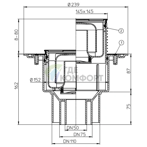 Трап HL3100 с решеткой 138x138 мм и вертикальным выпуском DN50/75/110 - фото 3
