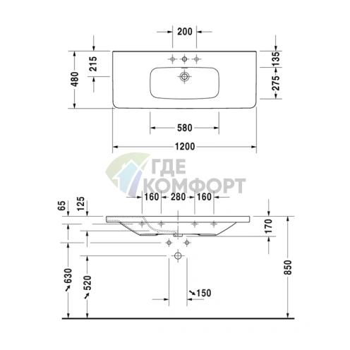 Раковина Duravit DuraStyle для мебели с тремя отверстиями под смеситель 1200x480 мм, белая (2320120030) - фото 2