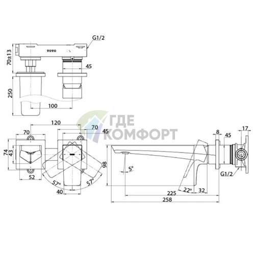 Встраиваемый смеситель TOTO GE для раковины без сливного клапана, хром (TLG07308R) - фото 2