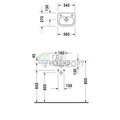 Раковина для рук Duravit D-Code 360x270 мм без перелива, белая (7053600002) - фото 2