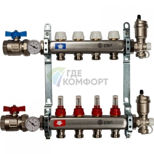 Коллекторная группа в сборе из нержавеющей стали с расходомерами на 4 выхода STOUT - фото 2