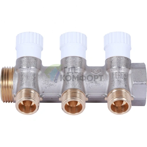 Коллектор распределительный 1 с 3 отводами 1/2, плоское уплотнение, никелированный STOUT - фото 2