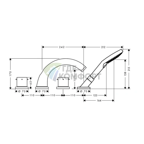 Смеситель AX Starck для ванны с ручным душем, на 4 отверстия, монтаж на плитку, хром (10451000) - фото 2