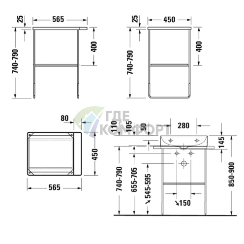 Консоль напольная Duravit DuraSquare металлическая с регулировкой высоты, хром (31151000) - фото 2