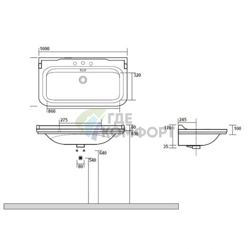 Раковина Kerasan Waldorf керамическая 120х55см c 1 отверстием под смеситель белая цвет заглушки-золото - фото 4