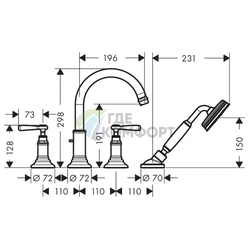 Смеситель AX Montr для ванны настенный, 4 отверстия, шлифованный черный хром (16550340) - фото 2