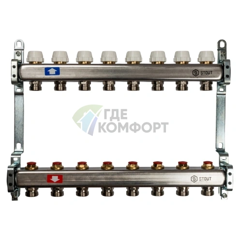 Коллектор Stout из нержавеющей стали с запорными кранами 8 выходов - фото 1