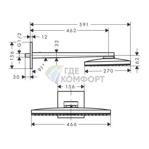 Верхний душ AX 460х270 мм с настенным держателем, 1 струя, хром (35278000) - фото 2