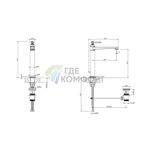 Смеситель GESSI VENTI20 для раковины: высокий однорычажный с донным клапаном, хром (65003#031) - фото 2