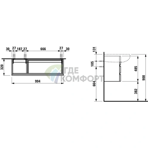 Тумба под раковину Laufen Alessi One 814973: 2 выдвижных ящика, сифон, белый глянец (4.2452.0.097.631.1) - фото 2