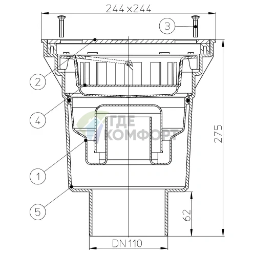 Трап HL606SW с решеткой в подрамнике 226x226 мм-грязеуловителем и вертикальным выпуском DN110 - фото 3