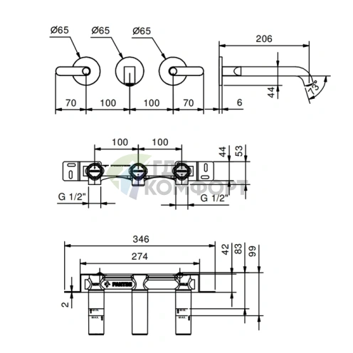 Встраиваемый смеситель для раковины Fantini Icona Deco, 3 отверстия, черный матовый (53 13 R113B) - фото 2