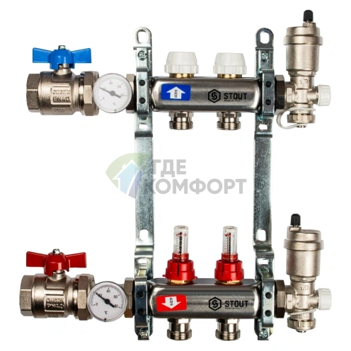 Коллекторная группа в сборе из нержавеющей стали с расходомерами на 2 выхода STOUT - фото 1