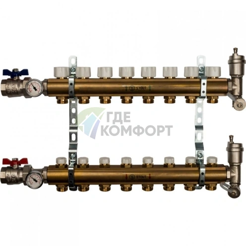 Коллекторная группа из латуни без расходомеров на 8 выходов STOUT - фото 2