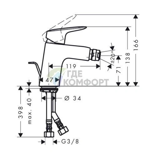 Смеситель для биде Hansgrohe Logis: настенный монтаж, донный клапан, хром (71204000) - фото 2