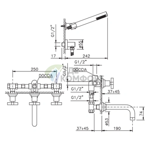 Встраиваемый смеситель для ванны Nicolazzi M.Croce с переключателем душ/ванна и комплектом душа (2203CR27) - фото 2