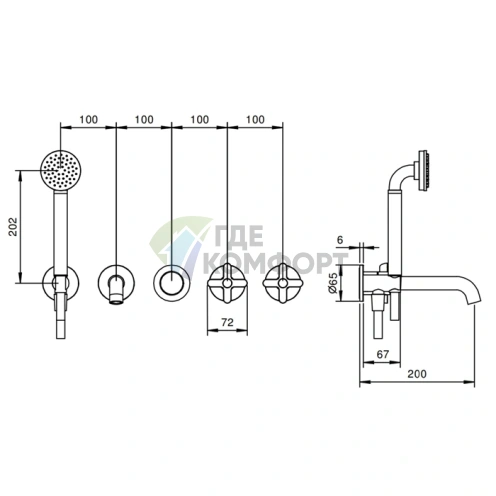 Смеситель для души Fantini Icona Classic встроенный на 2 выхода с ручным душем (хром) (53 02 R019B) - фото 2