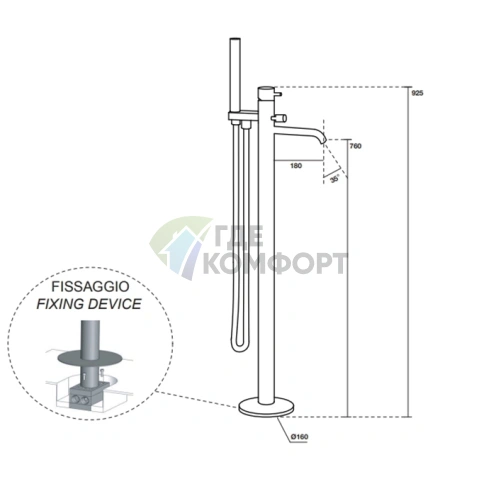 Напольный смеситель для ванны Kerasan Nolita с ручной лейкой, хром (923090 cr) - фото 2