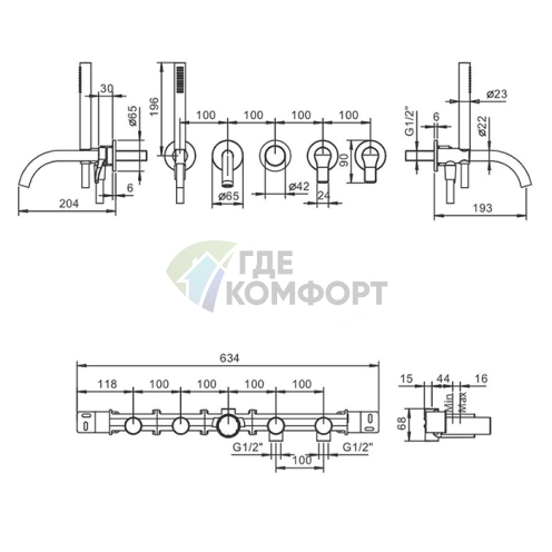 Встраиваемый смеситель для ванны Fantini AL/23 с двумя источниками и высоким изливом (190 мм), хром (26 02 B719B) - фото 2