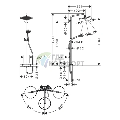 Душевая система HANSGROHE CROMA SELECT S с термостатическим смесителем, верхним душем 180 мм и ручным душем в полированном золоте (26890990) - фото 2