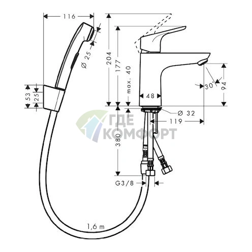 Смеситель Hansgrohe Focus 31927000 для раковины с гигиеническим душем и донным клапаном Push-Open - фото 2