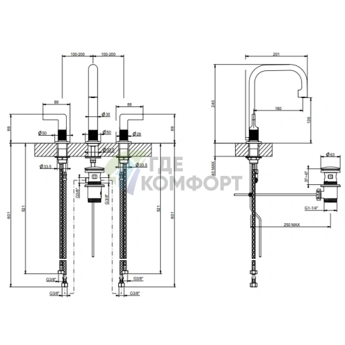 Смеситель GESSI INCOSO для раковины на 3 отверстия с донным клапаном, хром (58013#031) - фото 2