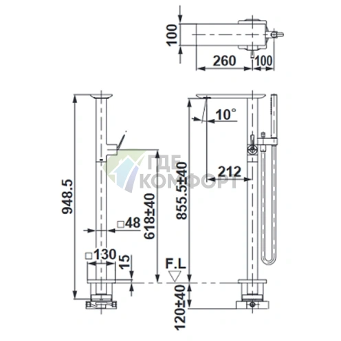 Смеситель для ванны TOTO NEOREST отдельностоящий с ручным душем, хром (TBP02303R) - фото 2