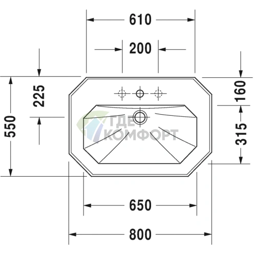 Раковина Duravit 1930 с переливом и 3 отверстиями под смеситель 80x55 см, белая (438800030) - фото 2