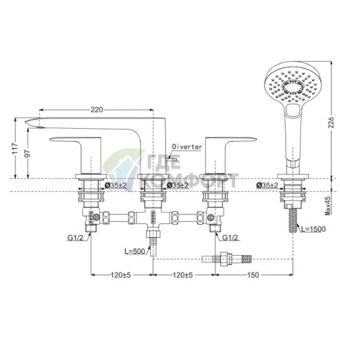 Смеситель для ванны TOTO NEOREST с ручным душем, 4-отверстный, хром (TBG04202R) - фото 2
