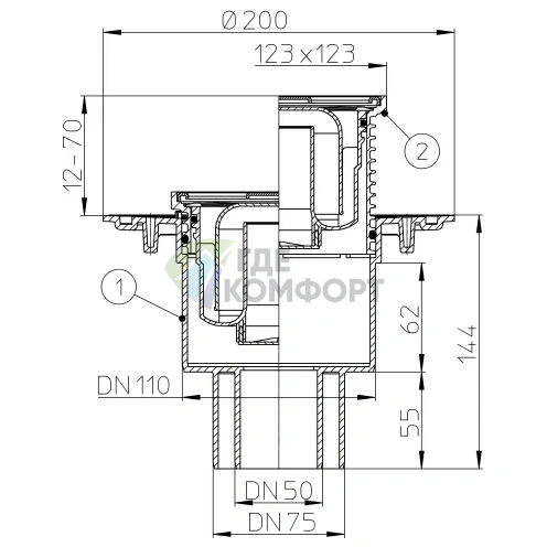Трап HL310N с решеткой 115x115мм с вертикальным выпуском DN110/75/50 - фото 3