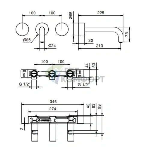 Настенный смеситель для раковины Fantini AF/21 Matt Gun Metal PVD (27 P5 A813B) - фото 2