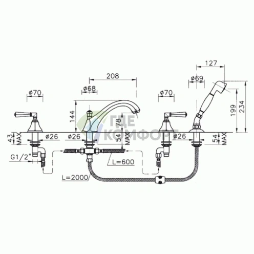 Смеситель для ванны Nicolazzi Teide на борт с ручным душем, 4 отверстия, хром (1904CR05) - фото 2