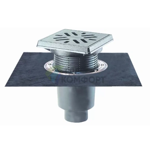 Трап HL616.1H с решеткой 226x226 мм-с гидроизоляционным полотном-грязеуловителем и вертикальным выпуском DN110 - фото 1