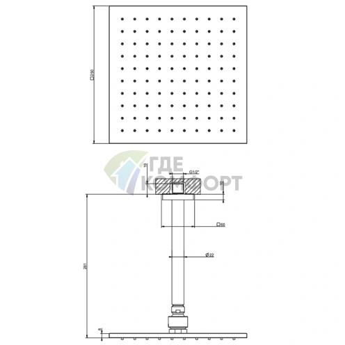 Потолочная душевая головка GESSI Rilievo 250x250 мм, цвет Nero XL (1/2) (59155#299) - фото 2