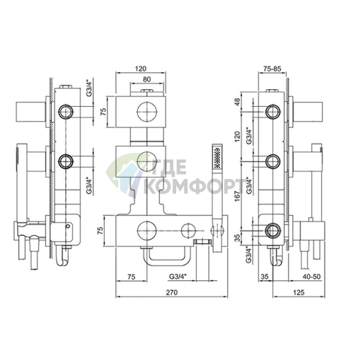 Встраиваемый термостат для душа Fantini Milano на 3 выхода, 3/4, Matt Gun Metal (31 P5 4713B) - фото 2