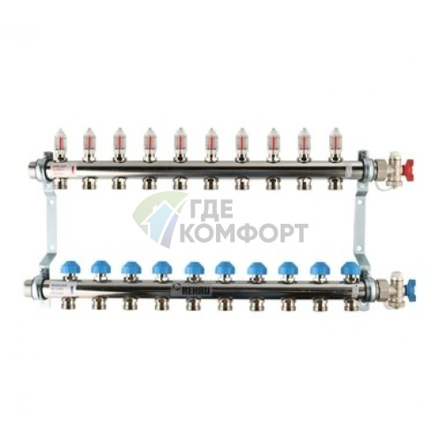 Коллекторная группа REHAU HKV-D на 10 выходов (РЕХАУ - 12081011002)1x3/4ЕК из нержавеющей стали с регулирующими и термостатическими вентилями и расходомерами - фото 1