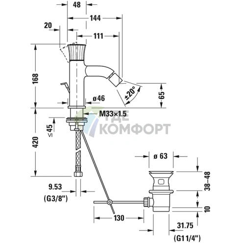 Смеситель для биде Duravit White Tulip: 1 отверстие, донный клапан, хром (WT2400001010) - фото 2