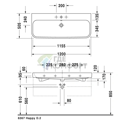 Раковина Duravit Happy D2 встраиваемая для мебели, 1200x505 мм, белая (2318120024) - фото 2