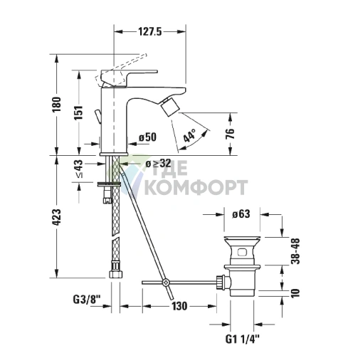 Смеситель для биде Duravit B.3 с донным клапаном, хром (B32400001010) - фото 2