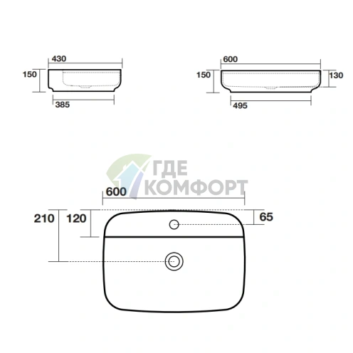 Раковина Kerasan Tribeca 60x43 см: накладная, 1 отверстие, цвет Ferro matt (514289*1 Ferro matt) - фото 2