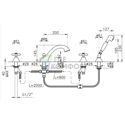 Смеситель для ванны Nicolazzi Nuova Brenta с душевой лейкой в натуральной латуни (2504GO) - фото 2
