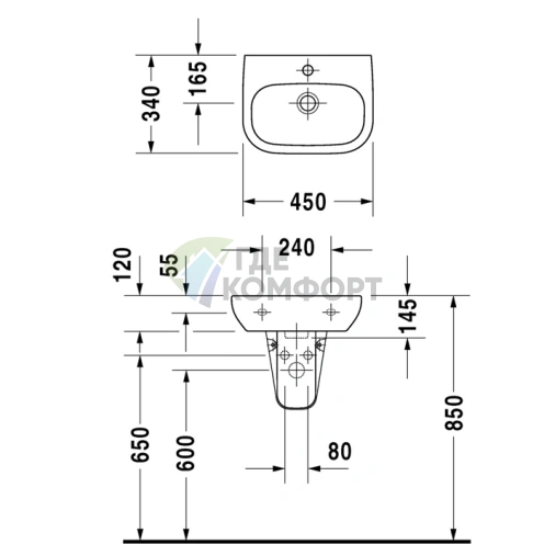 Раковина Duravit D-Code для рук с переливом, 450x340 мм, белая (7054500002) - фото 2