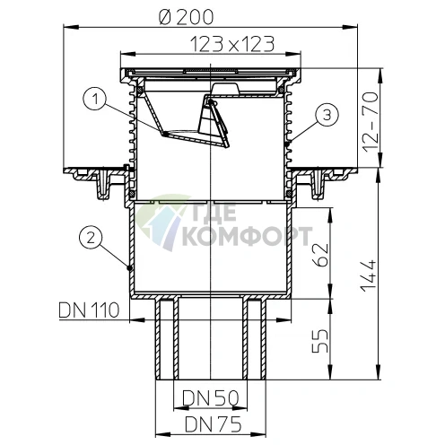 Трап HL310N.2 с решеткой 115x115 мм-незамерзающим затвором и вертикальным выпуском DN50/75/110 - фото 3