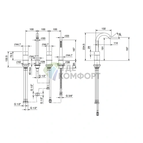 Смеситель для ванны FANTINI AA/27 с ручным душем в отделке матовая натуральная сталь (33 93 Y065) - фото 2